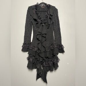 Gothic Ruffled Lace Cardigan Black Long Sweater Wool Blend Women’s Size M